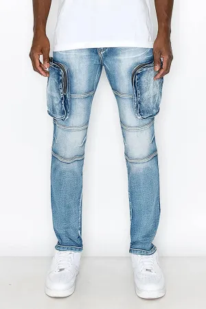 Washed Zippered Cargo Denim Jeans